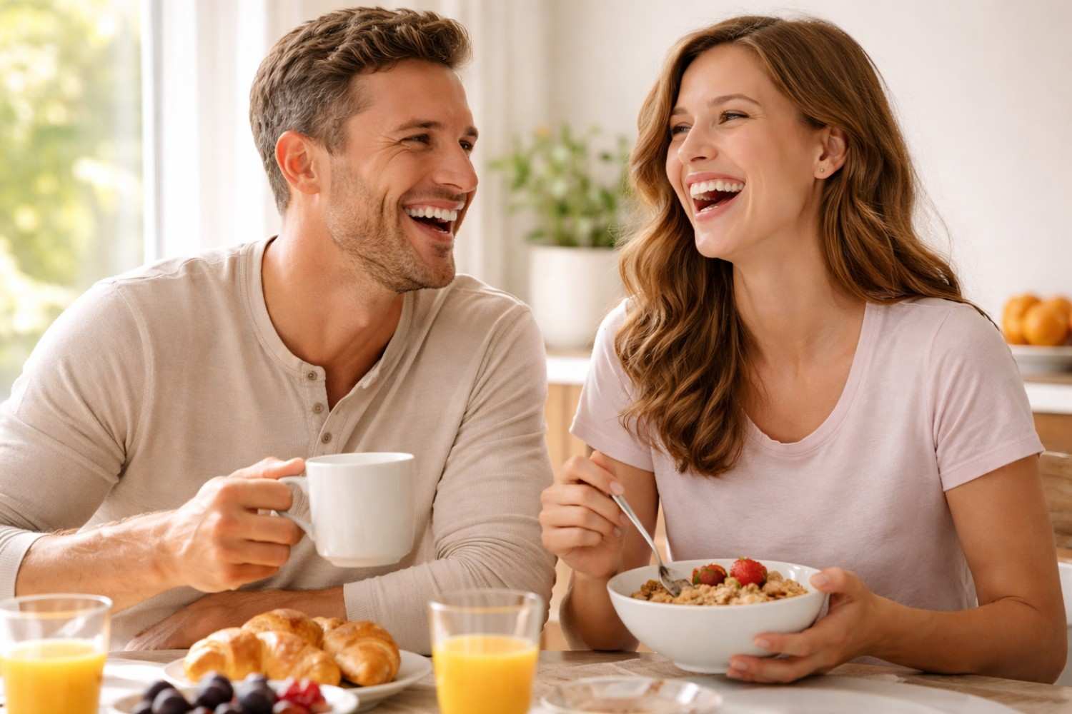 Smiling couple enjoying breakfast together at home.