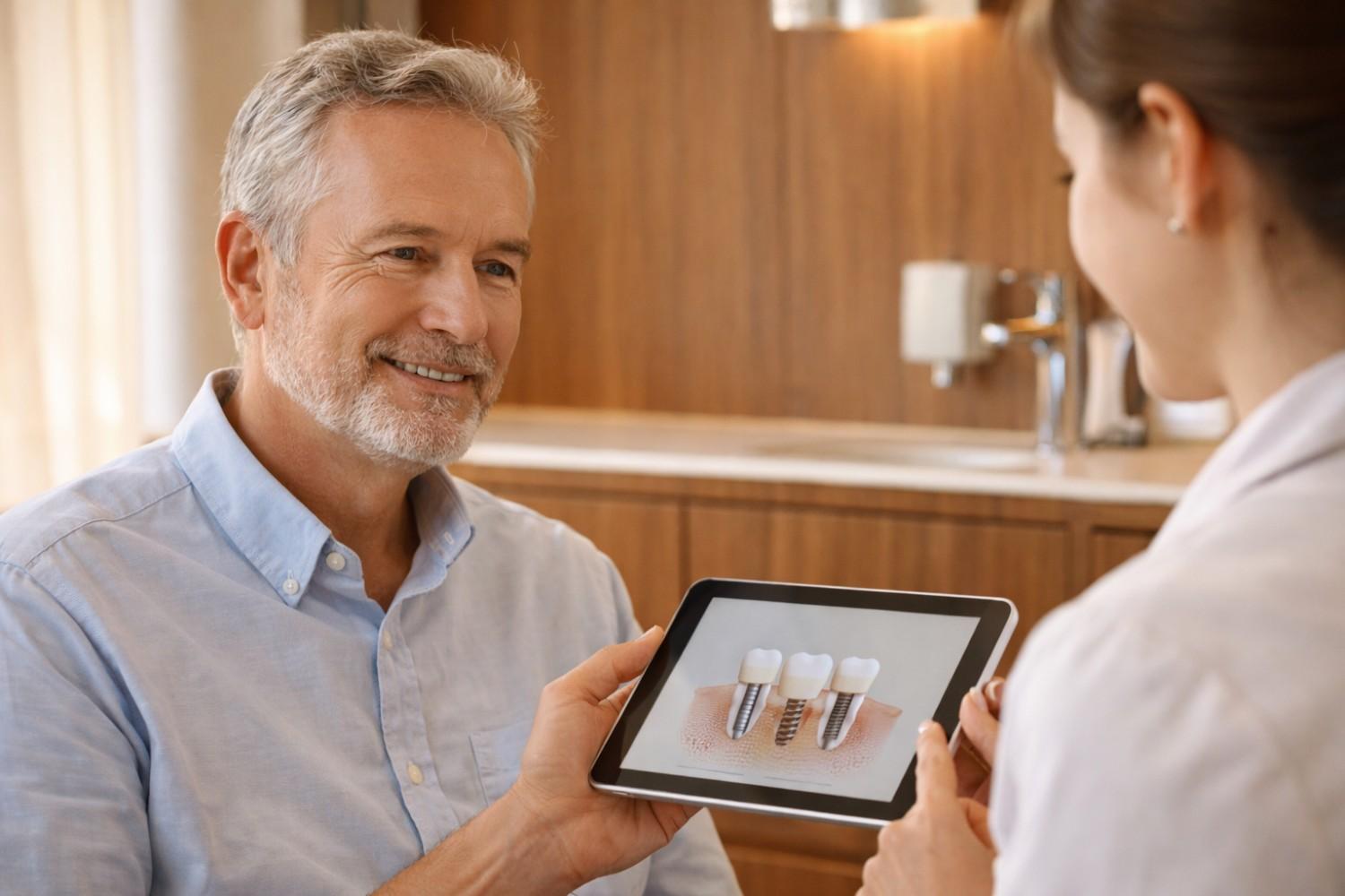 Dentist explaining dental implants to a patient using a tablet.